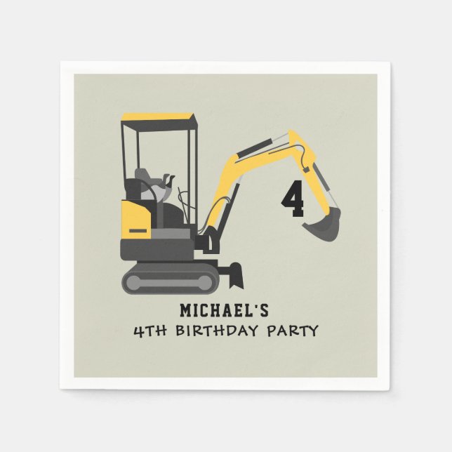 Excavator Construction Builder Birthday Party Napkin (Front)