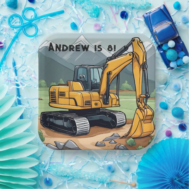 Excavator Construction Equipment Digger Birthday  Paper Plate (Party)