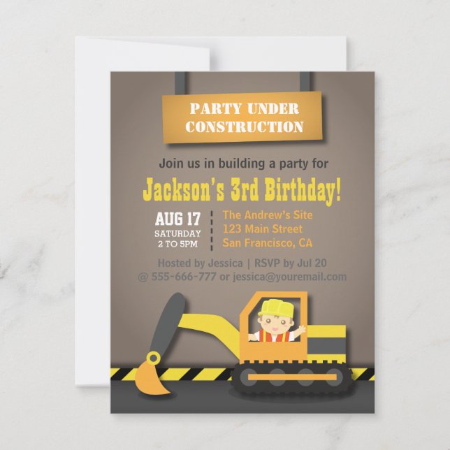 Excavator Construction Theme Kids Birthday Party Invitation (Front)