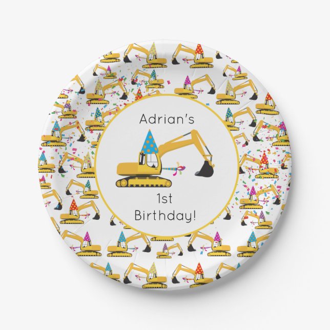 Excavator Construction Truck Birthday Party  Paper Plate (Front)