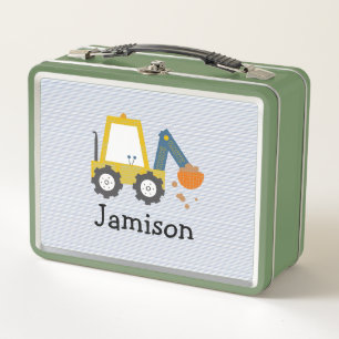 Excavator Construction Truck Striped Metal Lunch Box