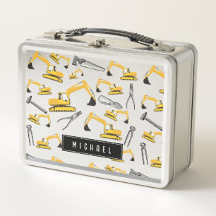 Excavator Construction Trucks and Tools Boys Name Metal Lunch Box