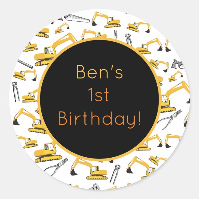 Excavator Construction Trucks and Tools Pattern Classic Round Sticker (Front)