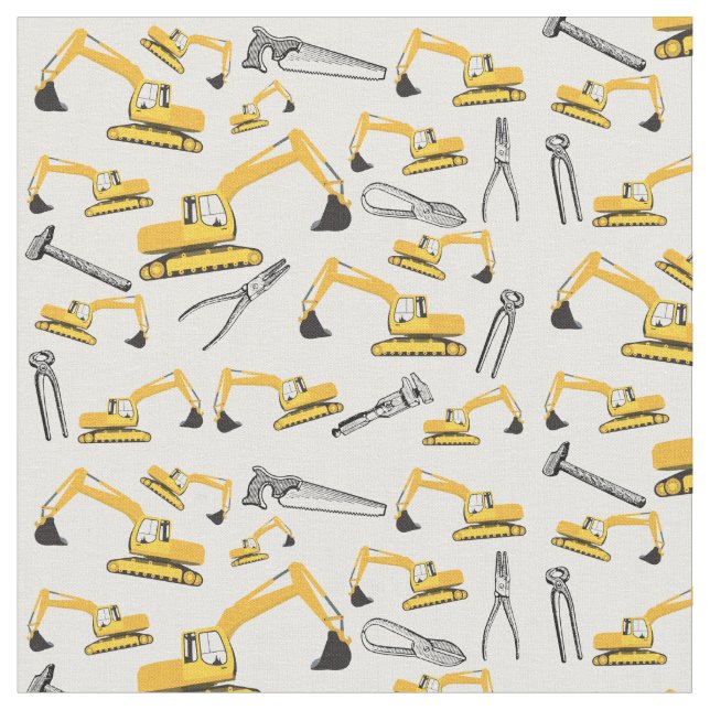Excavator Construction Trucks and Tools Pattern Fabric (Close Up)