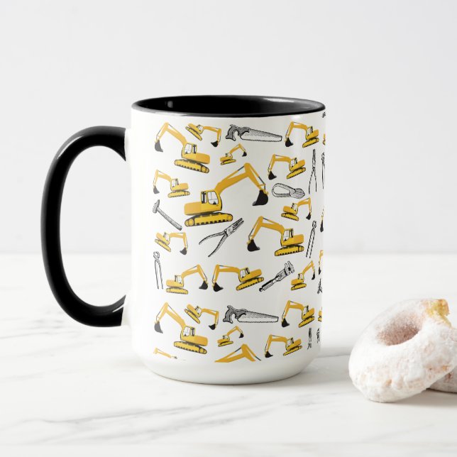 Excavator Construction Trucks and Tools Pattern Mug (With Donut)