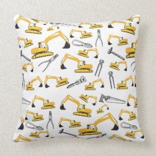 Excavator Construction Trucks and Tools Pattern Throw Pillow