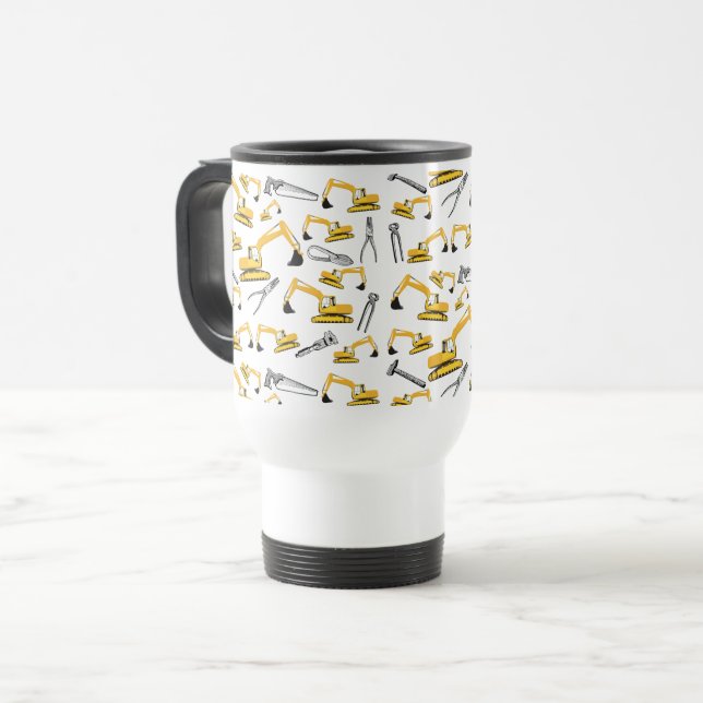 Excavator Construction Trucks and Tools Pattern Travel Mug (Front Left)
