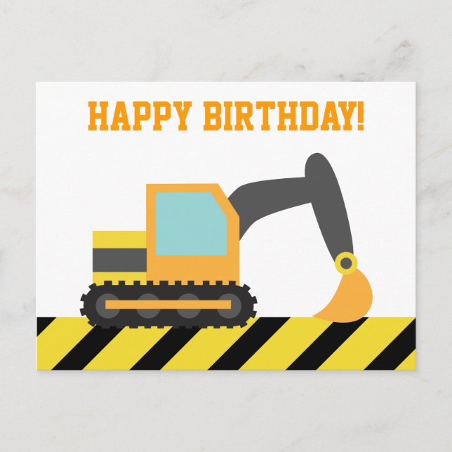 Excavator, Construction Vehicle, Happy Birthday Postcard (Front)