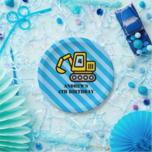 Excavator construction vehicle kid's Birthday Paper Plate