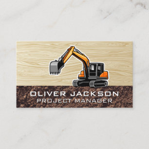 Excavator Construction Vehicle   Wood Grain Business Card