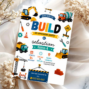 Excavator Dump Truck 4th Birthday Invitation