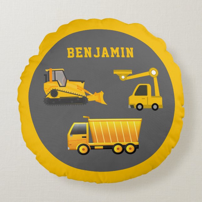 Excavator Dump Truck Construction Theme Kids Room Round Pillow (Front)