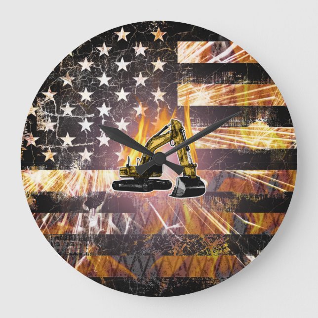 Excavator Flag Sparks Large Clock (Front)
