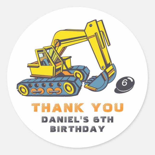 Excavator Kids Birthday Party Construction Vehicle Classic Round Sticker (Front)