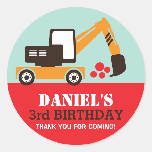 Excavator Kids Builder Birthday Party Sticker (Front)