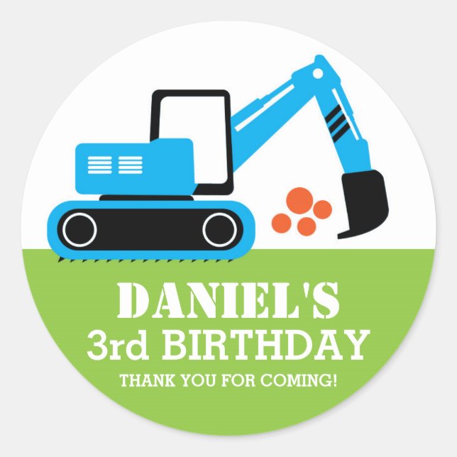 Excavator Kids Builder Birthday Party Stickers (Front)