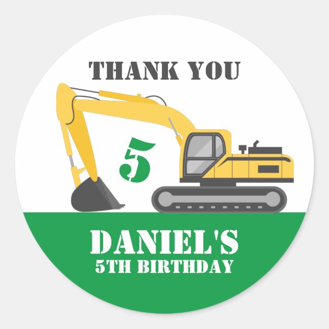 Excavator Kids Builder Boys Birthday Party Classic Round Sticker (Front)
