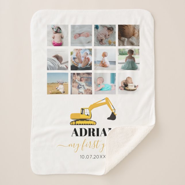 Excavator Truck Baby First Year Photo Collage Sherpa Blanket (Front)
