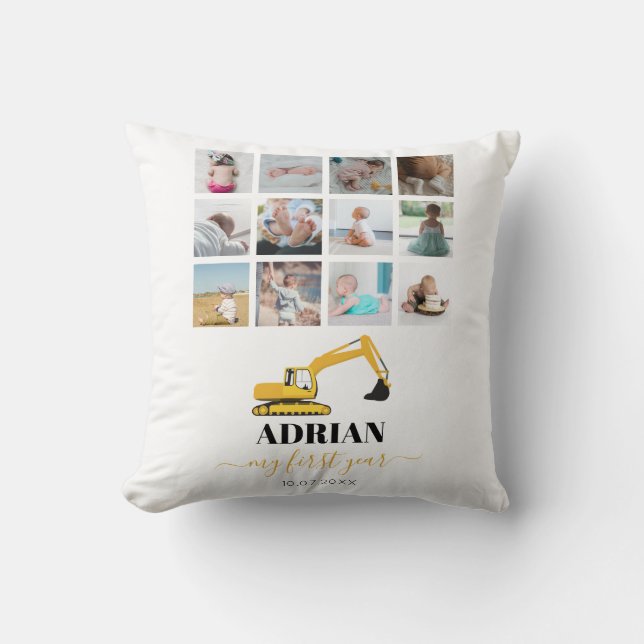 Excavator Truck Baby First Year Photo Collage Throw Pillow (Front)