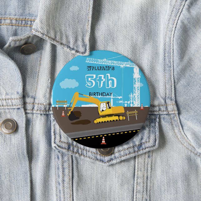 Excavator Truck Construction Trucks Birthday Party 4 Inch Round Button (In Situ)