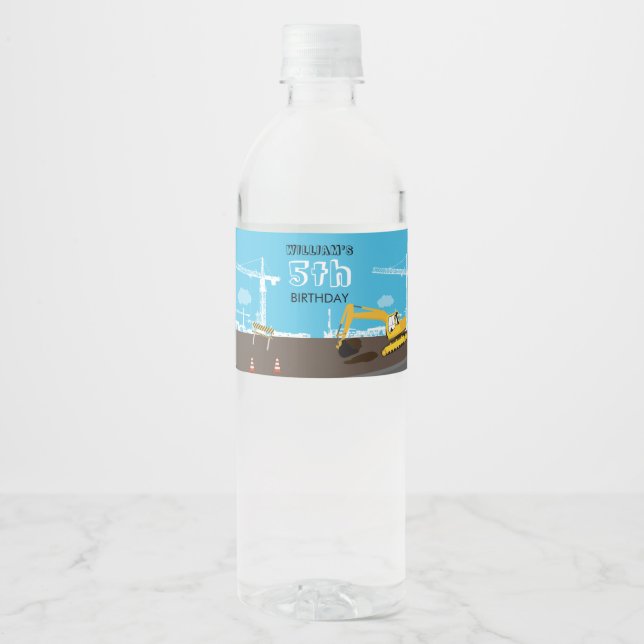 Excavator Truck Construction Trucks Birthday Party Water Bottle Label (Front)