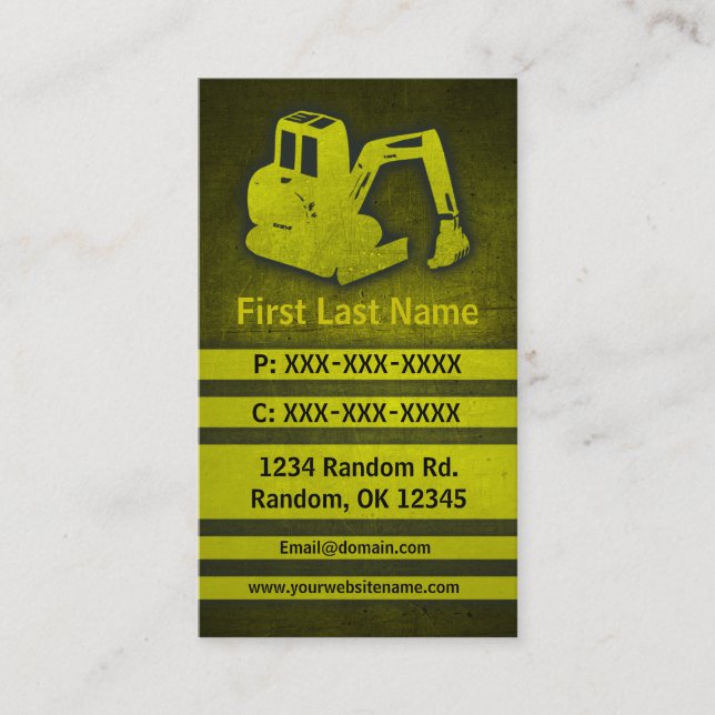 Excavator yellow grunge custom business cards (Front)