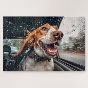 Excited Dog on Rainy Car Ride Art Print Jigsaw Puzzle