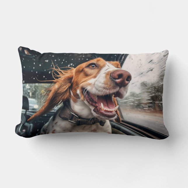 Excited Dog on Rainy Car Ride Art Print Lumbar Pillow (Front)