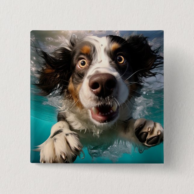 Excited Dog Swimming Underwater Design 2 Inch Square Button (Front)