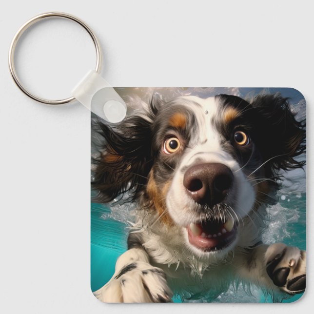 Excited Dog Swimming Underwater Design Keychain (Front)