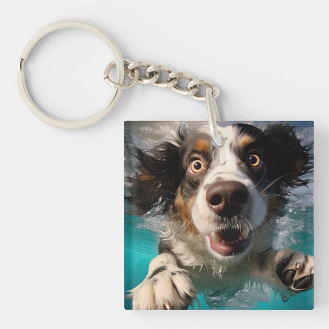Excited Dog Swimming Underwater Design Keychain (Front)