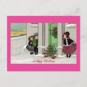 Excited Kids Await Xmas Surprise Holiday Postcard