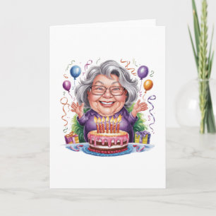 Excited Old Lady Birthday Cake Art Holiday Card