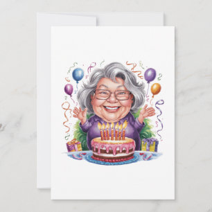 Excited Old Lady Birthday Cake Art Invitation