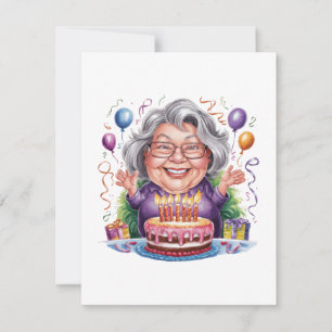Excited Old Lady Birthday Cake Art Invitation
