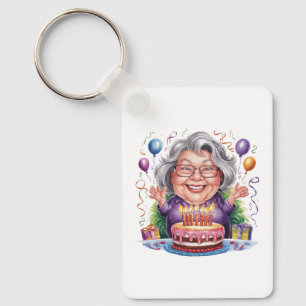 Excited Old Lady Birthday Cake Art Keychain