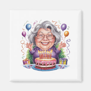 Excited Old Lady Birthday Cake Art Magnet