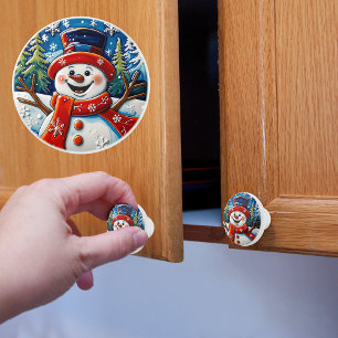 Excited Snowman Christmas Ceramic Knob