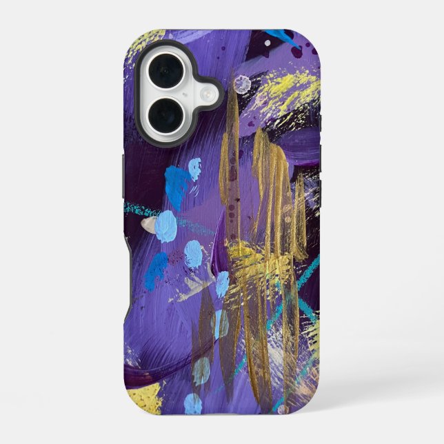 Exciting blue, purple, and gold abstract art iPhone 16 case (Back)