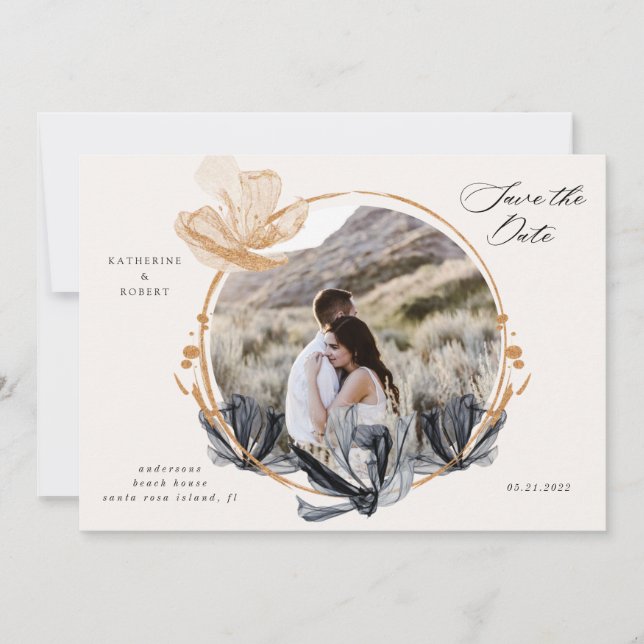 Exclusive Black Gold Floral Save The Date Invitation (Front)