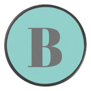 Exclusive Light Teal Grey Monogram Initial Letter Hockey Puck