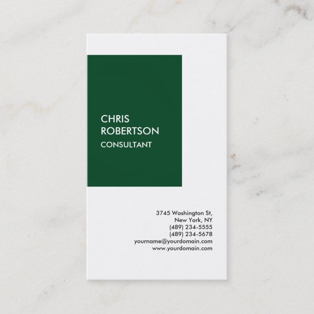 Exclusive Special Forest Green White Modern Unique Business Card (Front)