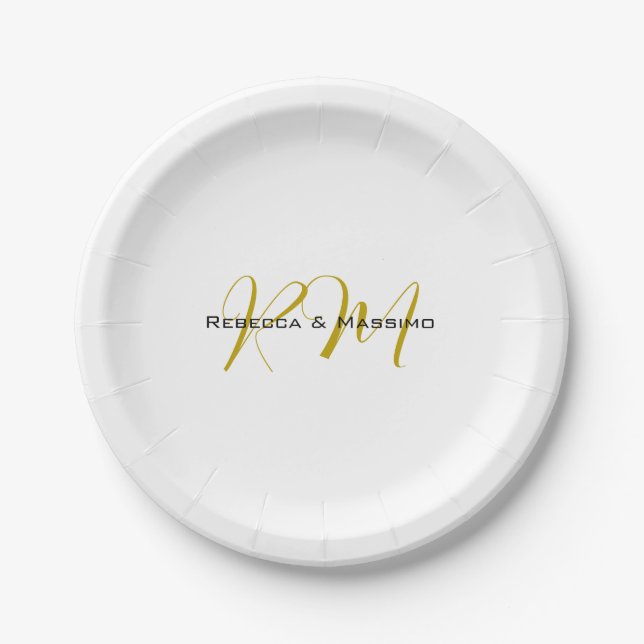 Exclusive Unique Gold Colour Monogram Modern Name Paper Plate (Front)