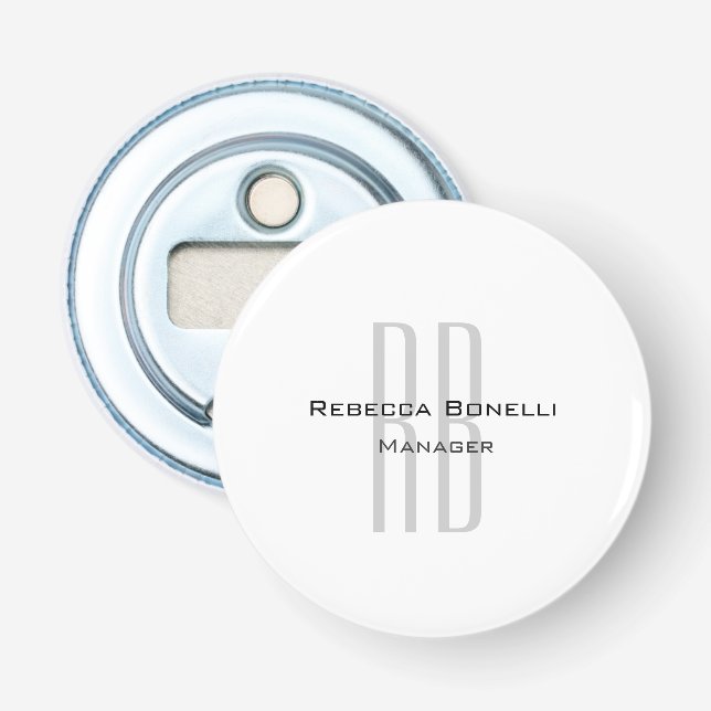 Exclusive Unique White Grey Monogram Modern Bottle Opener (Front)