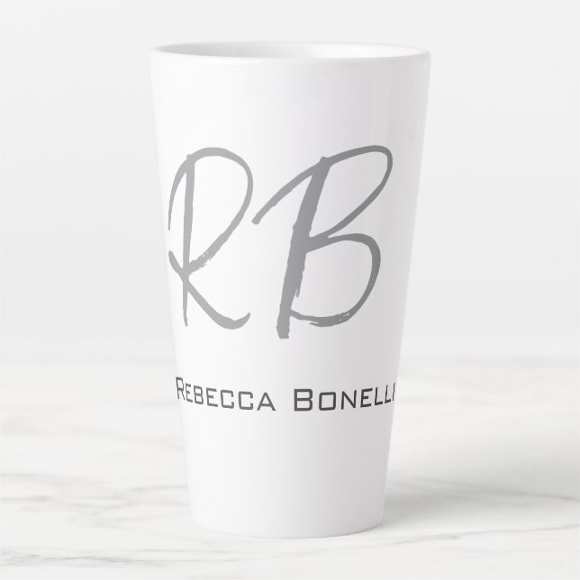Exclusive Unique White Grey Monogram Modern Latte Mug (Front)