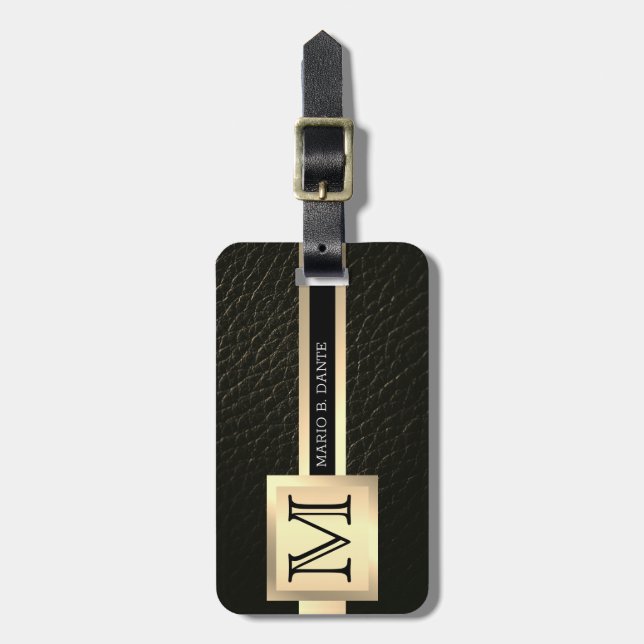 Executive Black Leather & Gold Metal monogrammed Luggage Tag (Front Vertical)