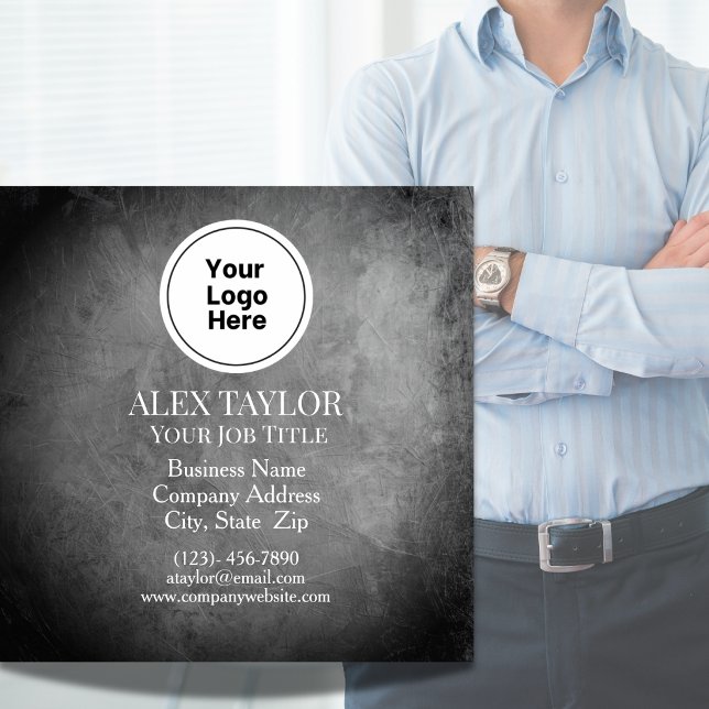 Executive Black White Grey Logo QR Code Square Business Card (Our square black, white, and grey business card features modern professional style)