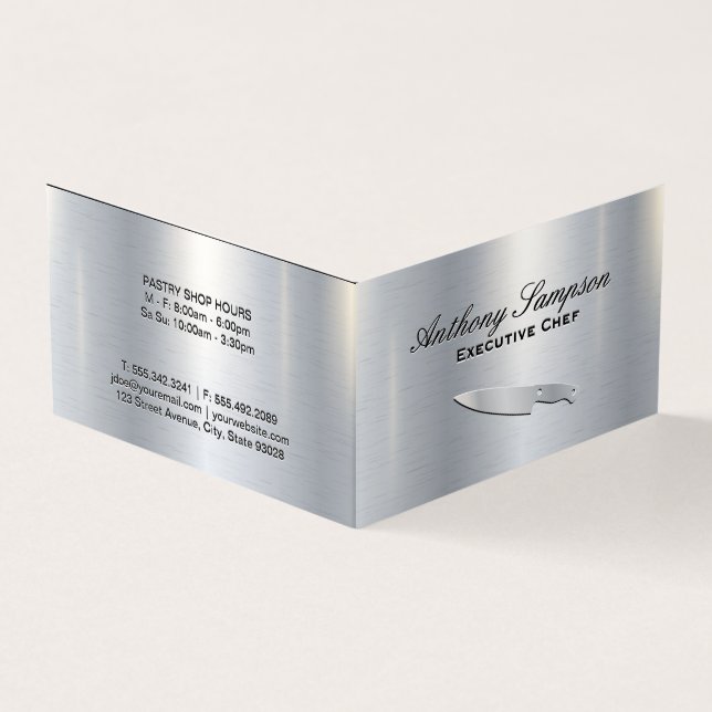 Executive Chef | Silver Metallic Gloss Background Business Card (Outside)