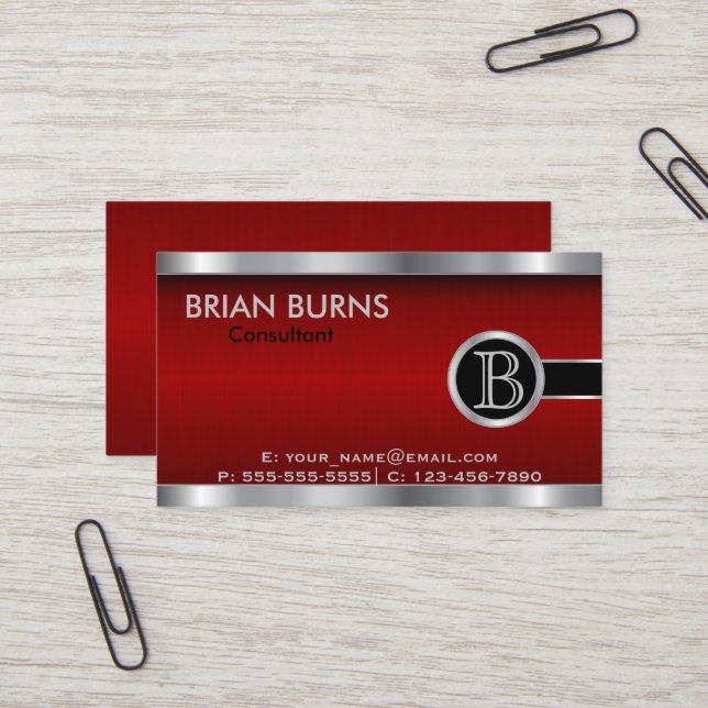 Executive Dark Red and Steel Monogram Business Card (Front/Back In Situ)