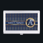Executive Monogram - Classic Dark Blue Business Card Holder<br><div class="desc">Professional Business Card Holders ready for you to personalize. Designed in a faux gold stripe and navy blue background with a faux gold circle area to add your monogram. ✔NOTE: ONLY CHANGE THE TEMPLATE AREAS NEEDED! 😀 If needed, you can remove the text and start fresh adding whatever text and...</div>